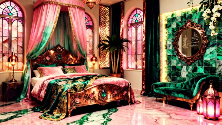 Luxurious Glam Warm Pink and Emerald Dream Romantic Bedroom Ideas