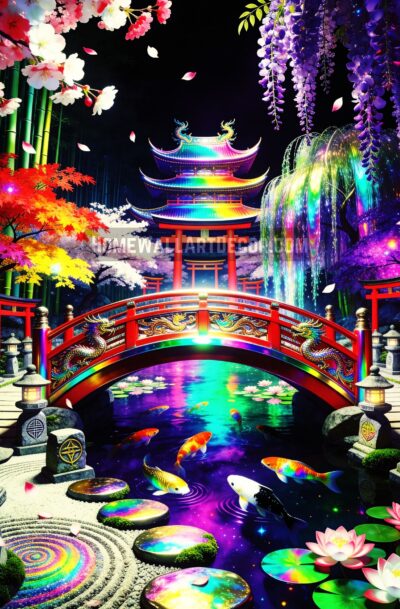 Enchanted Rainbow Japanese Garden Art | Vibrant Koi Bridge Dragon Temple |
