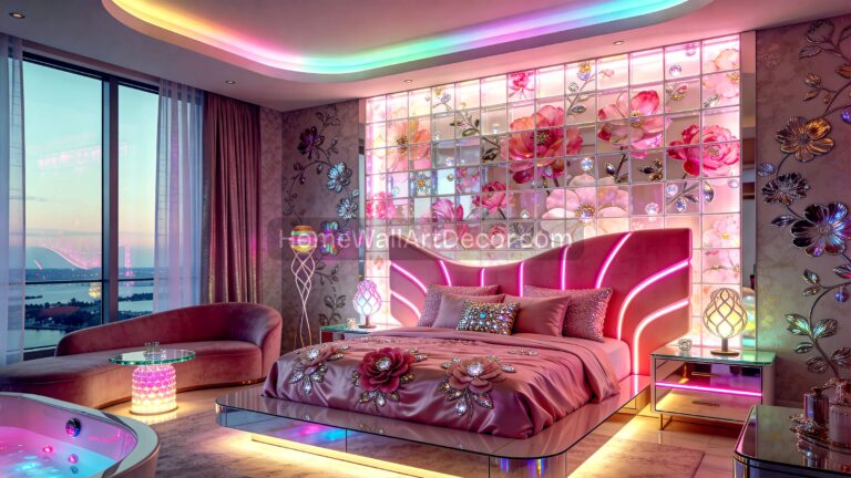 Glam Pink Futuristic Bedroom with Backlit Mosaic - Dreamy Glam Floral Bedroom Ideas for 2026