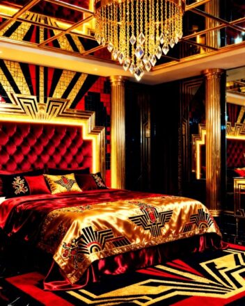 Luxurious Moody Romantic Red Black Gold Neo Deco Bedroom Ideas