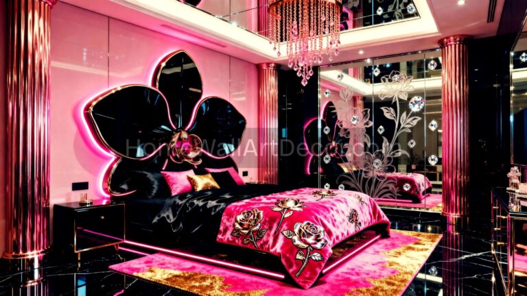 Pink and Black Glam Floral Dream Neo Deco Bedroom