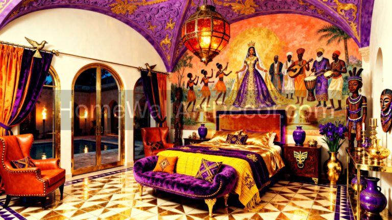 Purple and Burnt Orange Afrohemian Bedroom - Bold Eclectic Afrohemian Interior Design Ideas