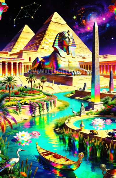 Radiant Egyptian Cosmic Temple Art | Mystical Sphinx Rainbow Waters