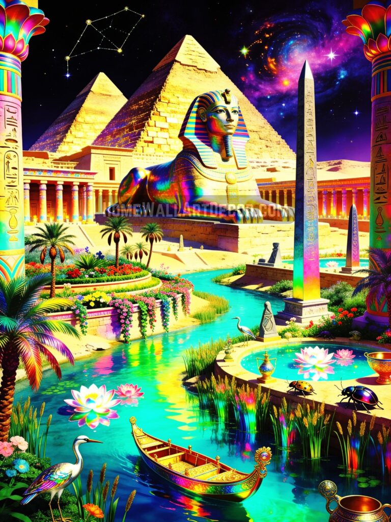 Radiant Egyptian Cosmic Temple Art | Mystical Sphinx Rainbow Waters
