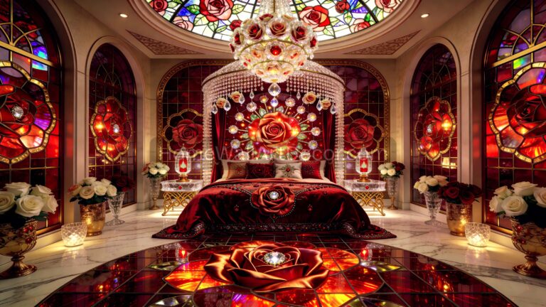 Red Floral Bedroom with Stained Glass - The Rose Cathedral Illuminated Floral Sanctuary