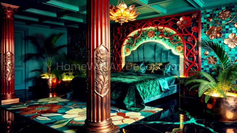 Teal and Red Copper Luxurious Neo Deco Bedroom Ideas