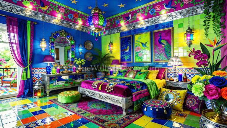 Beautiful Blue Green and Purple Floral European Maximalist Bedroom Decor Idea