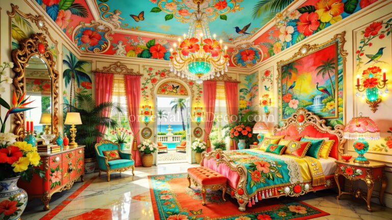 Beautiful and Bold Warm Coral, Pink and Orange European Maximalist Bedroom