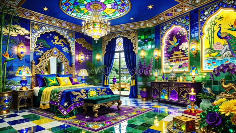 Blue Yellow and Green Luxurious European Maximalism Bedroom with Beautiful mosaic tilework