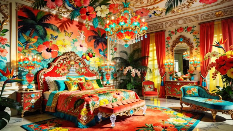 Bold Bright Tropical Orange, Red, Yellow and Teal European Maximalism Bedroom Interior Design Idea