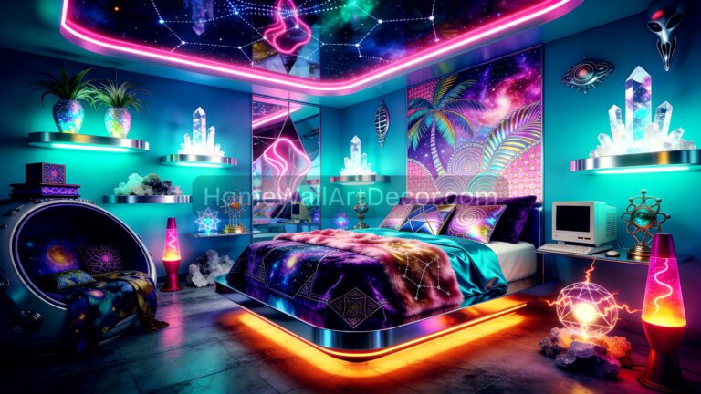 Bold Turquoise Pink and Gold Metallic Jewel Tone Futuristic Alien Core Bedroom Interior Design Idea