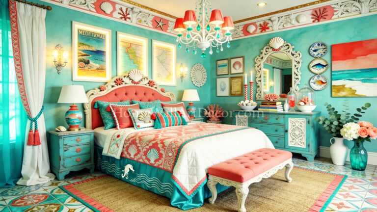 Bright Blue and Coral Energetic European Maximalist Bedroom