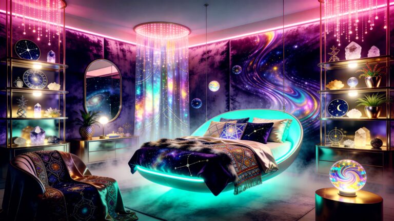 Cosmic Embrace Pink and Purple Galactic Alien-Core Bedroom