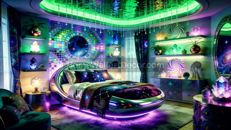 Cosmic Green and Purple Ethereal Mosaic Alien Core Bedroom Interior Design Idea