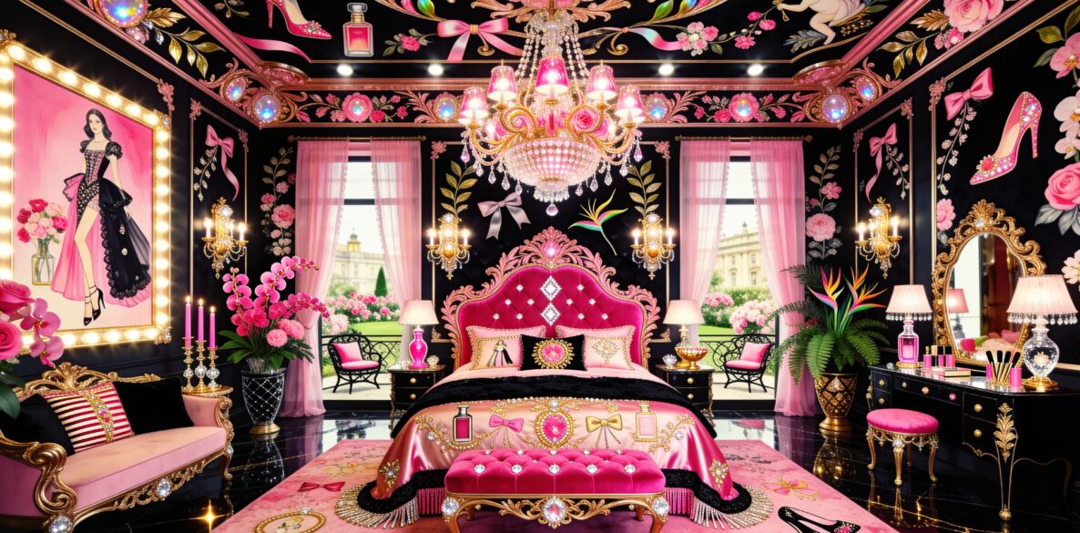Glam Bright Pink European Maximalism Bedroom Interior Design Idea