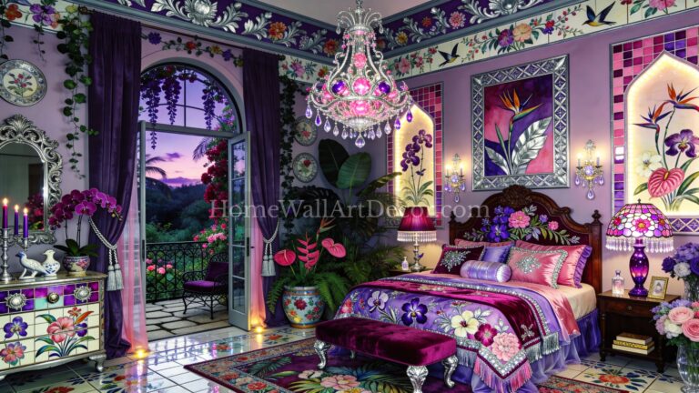 Lavender Purple Luxurious European Maximalist Bedroom with Plants