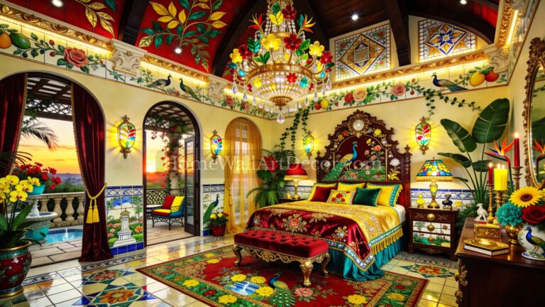 Luxurious bright yellow, Red and Teal Floral European Maximalism Bedroom
