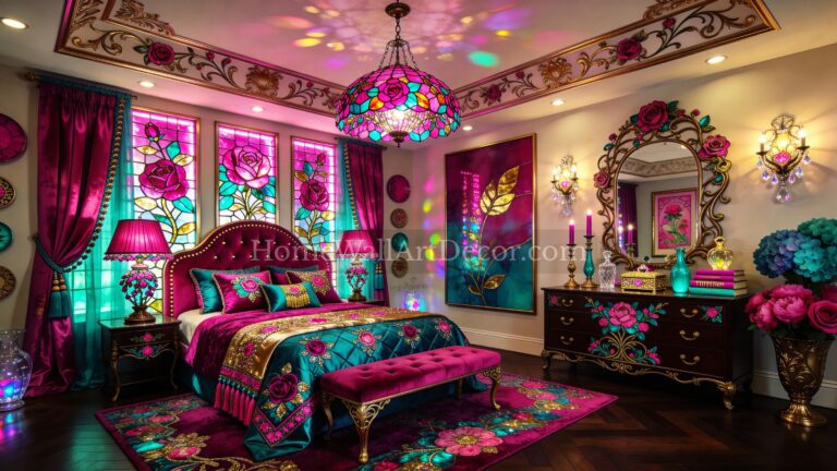Luxurious Deep Pink, Teal and Gold Stained Glass Floral and European Maximalism Bedroom