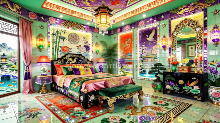 Orange, Green and Cream Surreal European Maximalism Bedroom