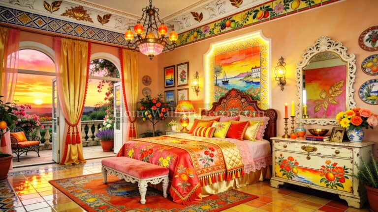 Peach Coral and Burnt Orange Sunset Energetic Luxurious European Maximalism Bedroom
