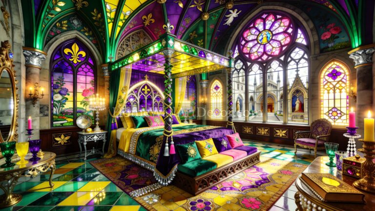 Purple Yellow and Green Jewel Tone European Maximalism Bedroom Interior Design Idea