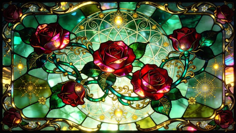 Sacred Green and Red Rose Stained Glass Printable Wall Art