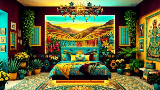 Beautiful Bold Teal Blue and Yellow Peruvian Andean Maximalist Bedroom Interior Design Idea