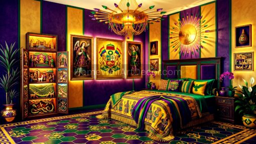 Bold Energetic Purple Yellow and Green Floral Peruvian Bedroom Interior Design