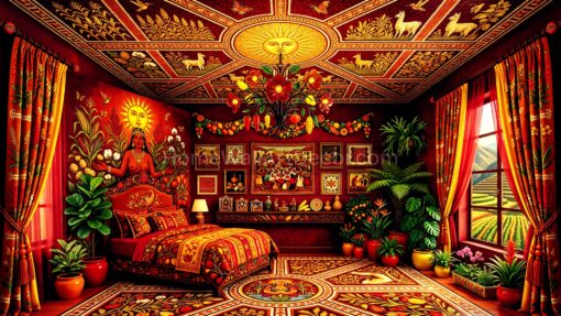 Bold Energetic Red and Yellow Botanical Peruvian Bedroom Interior Design Ideas