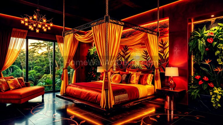 Bold Red, Yellow and Orange Exotic Caribbean Tropical Bedroom Interior Design Idea