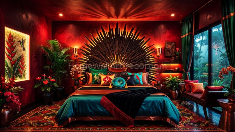 Bold Red and Blue Exotic Floral Caribbean Tropical Bedroom Design