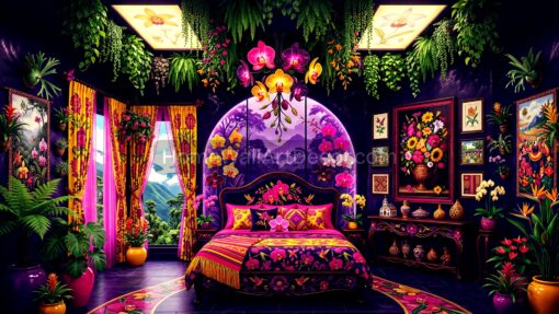 Bold Yellow Pink and Purple Floral Dream Peruvian Bedroom Interior Design Ideas