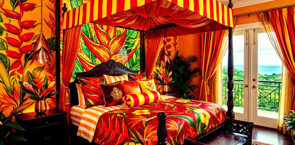 Bright Orange and Yellow Energetic Caribbean Tropical Bedroom Design Idea featuring bold stripes and exotic floral print