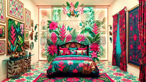Colorful Feminine Floral Pink and Teal Peruvian Andean Maximalism Bedroom Interior Design
