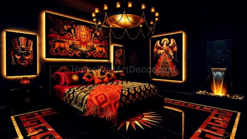 Dark Moody Romantic Black Red and Gold Peruvian Bedroom Interior Design