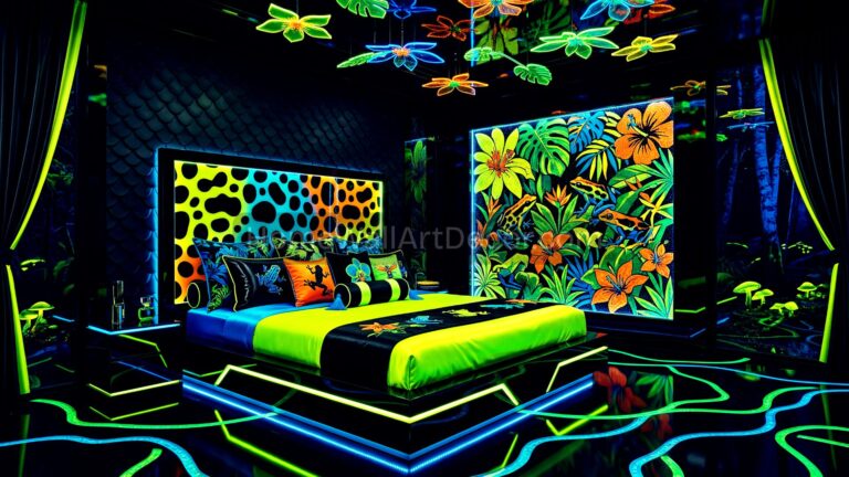 Dark Neon Exotic Jungle themed Caribbean Tropical Bedroom Interior Design Idea