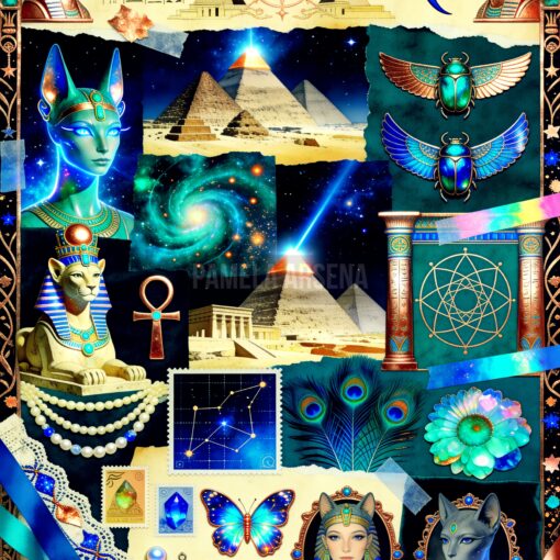 Egyptian Cat Art - Blue and Gold Regal Egyptian Cat Wall Art