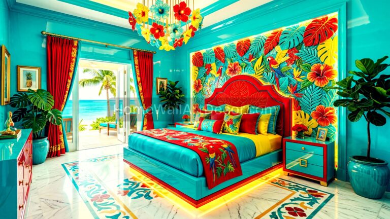Energetic Blue and Red Floral Caribbean Tropical Bedroom Interior Design Idea