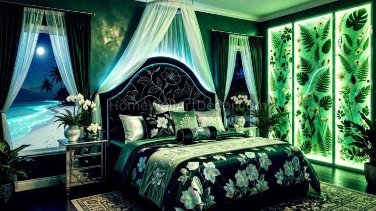 Ethereal Dreamy Green and White Black Exotic Caribbean Tropical Bedroom Design Idea