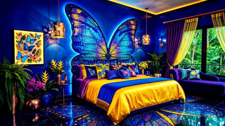 Exotic Bold Blue and Yellow Butterfly Caribbean Tropical Bedroom Interior Design Idea