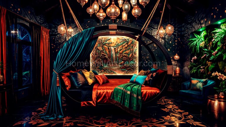 Exotic Dark and Moody Jewel Tone Caribbean Tropical Bedroom