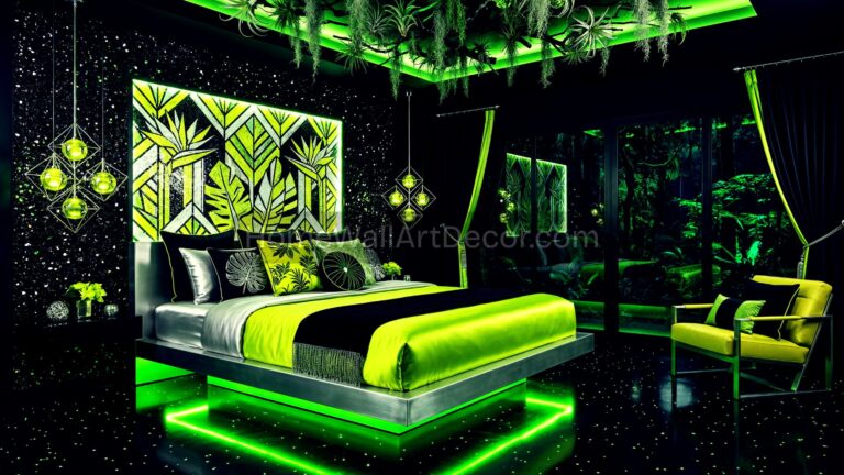Exotic Neon Green and Dark Black Caribbean Tropical Bedroom Design