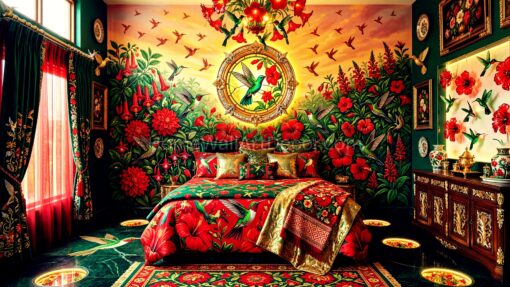 Gold and Green Floral Andean Maximalism Peruvian Bedroom Interior Design