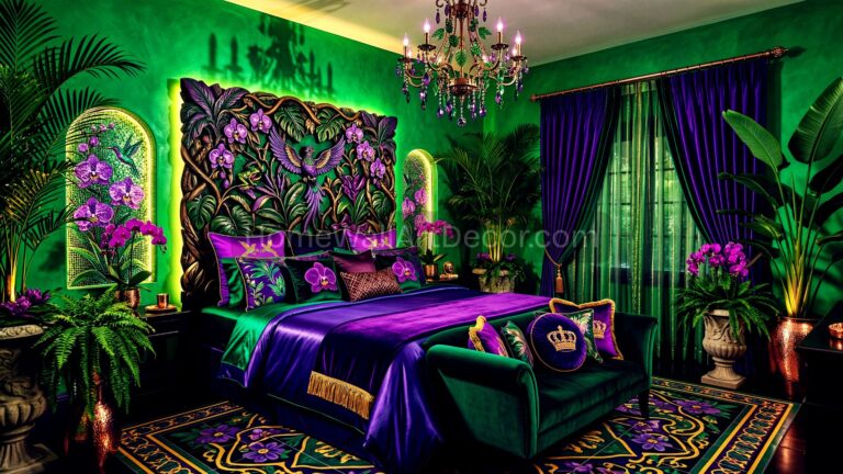 Jewel Tone Luxurious Green and Violet Purple Caribbean Tropical Bedroom Design