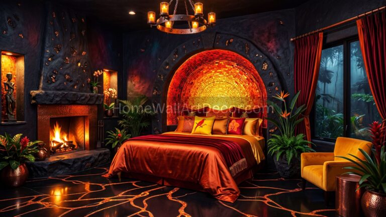 Moody Dark Orange and Black Volcanic Caribbean Tropical Bedroom Design