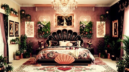 Pink Rose Gold and Black Glam Botanical Peruvian Bedroom Interior Design