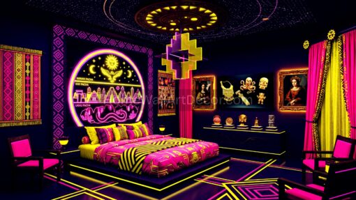 Purple Pink and Yellow Futuristic Peruvian Bedroom Interior Design Ideas