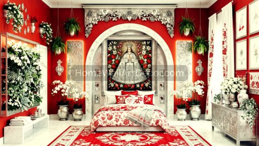 Romantic Botanical Red White and Green Andean Maximalism Peruvian Bedroom Interior Design