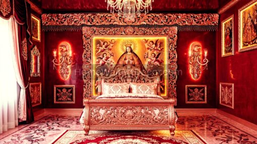 Romantic Red and White Rococo Maximalist Peruvian Andean Maximalist Bedroom Design