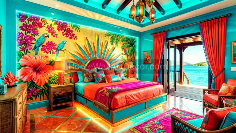 Turquoise Blue, Orange and Yellow Floral Caribbean Tropical Bedroom Design Idea